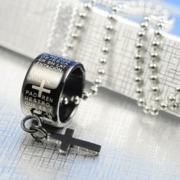 Moderigtig Gave Ring Og Kors Sort Titanium Halskæde Vedhæng