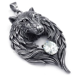 Hvid Zirkon Titanium Ulv Vedhæng Halskæde (Gratis Kæde)
