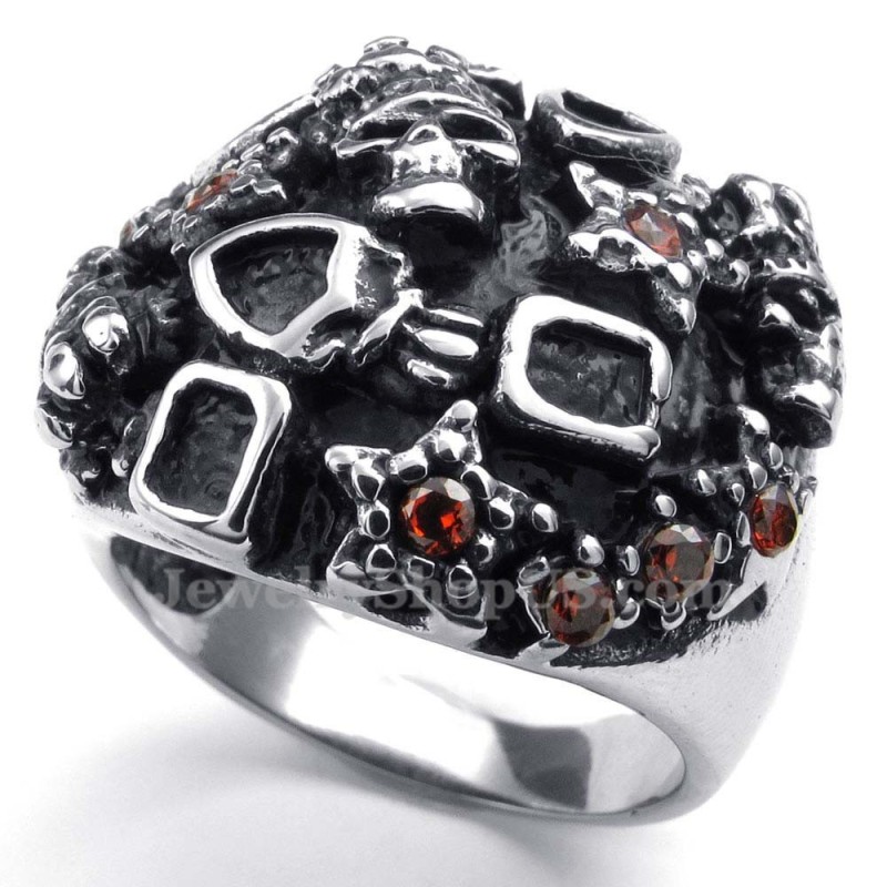 Titanium Kranie Ring Med Rød Zirkon