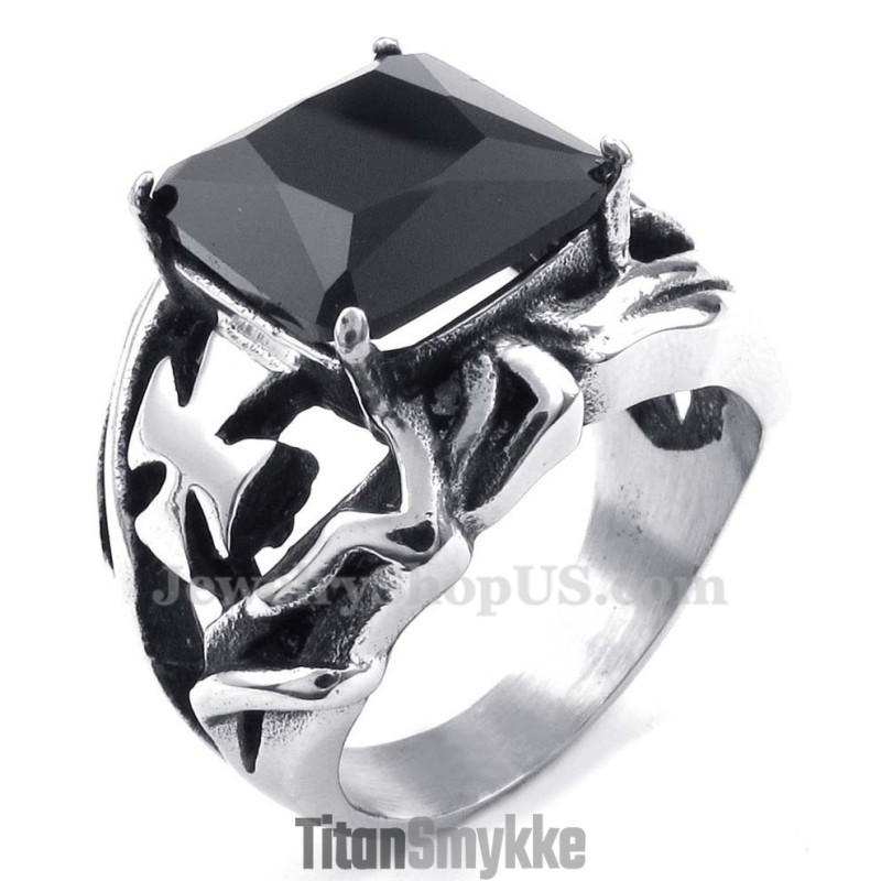 Titaniumring Med Sort Ornamental Sten