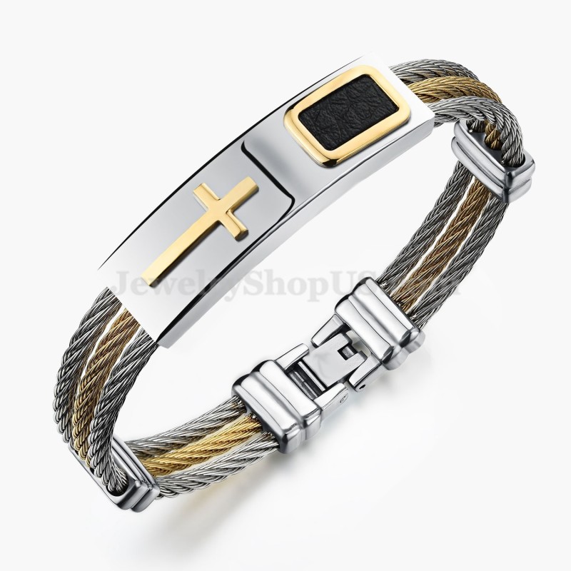 Herrearmbånd Med Titanium Og Guldkors C785