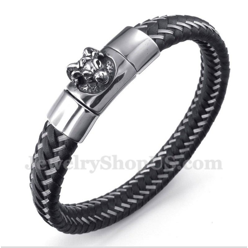 Herrearmbånd Med Titanium, Sort Læder Og Magnetkabel Herrearmbånd Med Titanium, Sort Læder Og Magnetkabel