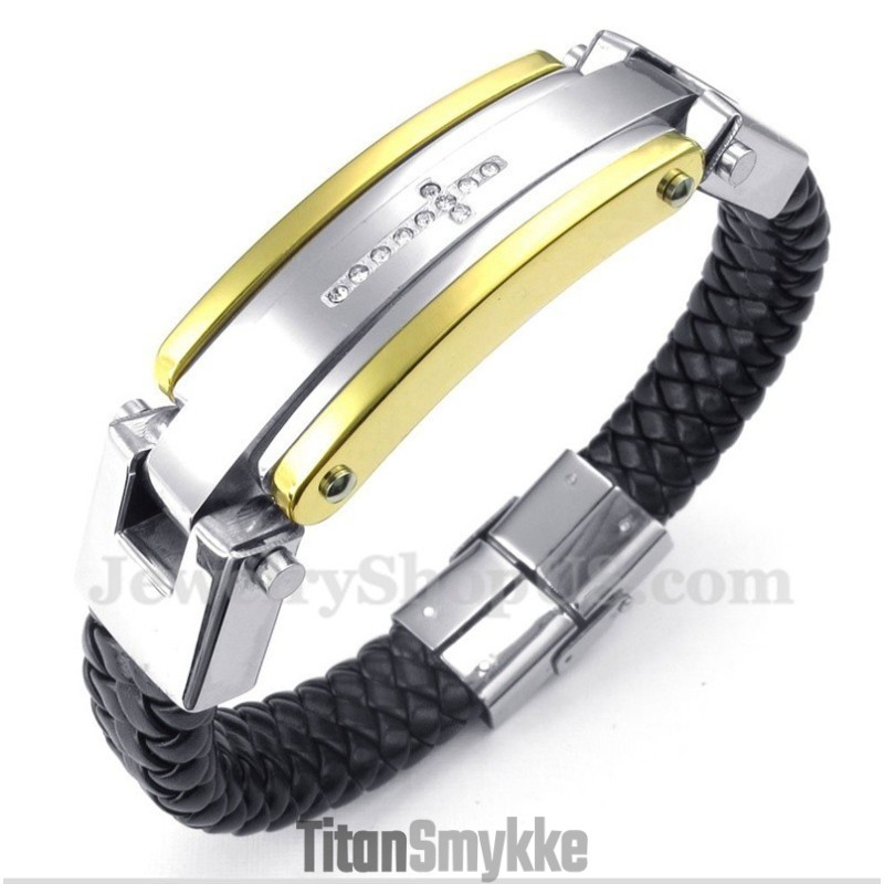 Herrearmbånd Med Titanium Og Diamantkors I Læder