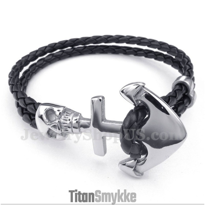 Herrearmbånd I Titanium Med Anker I Læder