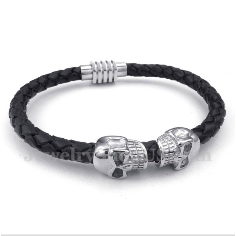 Herrearmbånd Med Kranie Og Titanium I Læder Herrearmbånd Med Kranie Og Titanium I Læder