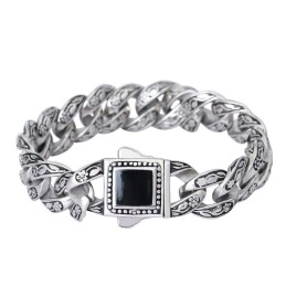 Rosette Vintage Herrearmbånd I Titanium Med Sorte Ædelsten