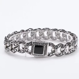 Rosette Vintage Herrearmbånd I Titanium Med Sorte Ædelsten