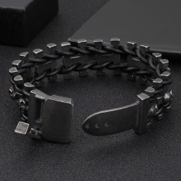 Retrofarvet Tykt Kranie-Læderrebarmbånd I Titanium Til Mænd Med Bikerarmbånd