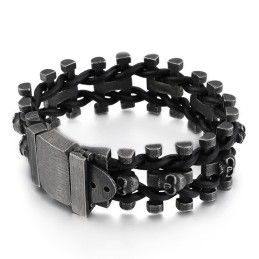 Retrofarvet Tykt Kranie-Læderrebarmbånd I Titanium Til Mænd Med Bikerarmbånd
