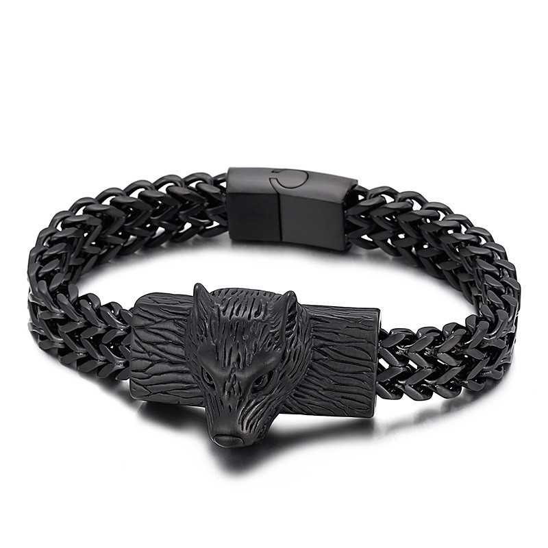 Hip Hop Ulvehoved Dobbelt Række Køl Vævet Kæde Herre Titanium Armbånd