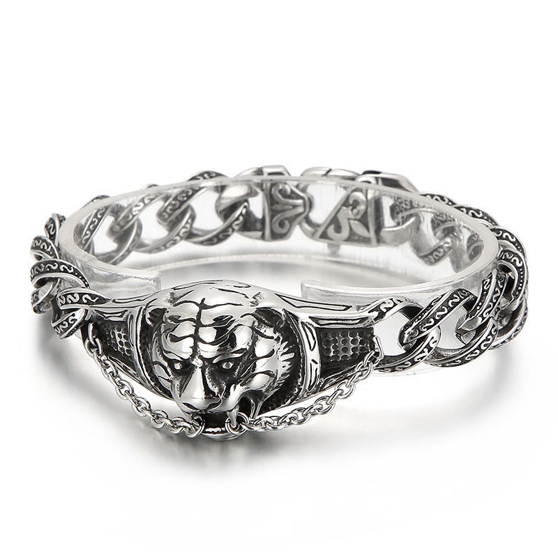 Vintage Overdrevet Mønster Tigerhoved Bøjet Titanium Armbånd Til Mænd