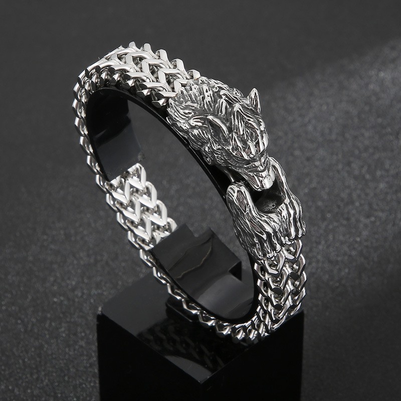 Cool Wolf Head Double Casting Titanium Armbånd Til Mænd Cool Wolf Head Double Casting Titanium Armbånd Til Mænd