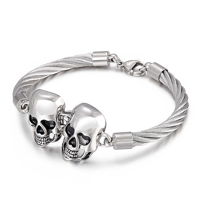 Cool Fashion Dobbelt Kranie Ståltråd Herre Titanium Armbånd Cool Fashion Dobbelt Kranie Ståltråd Herre Titanium Armbånd