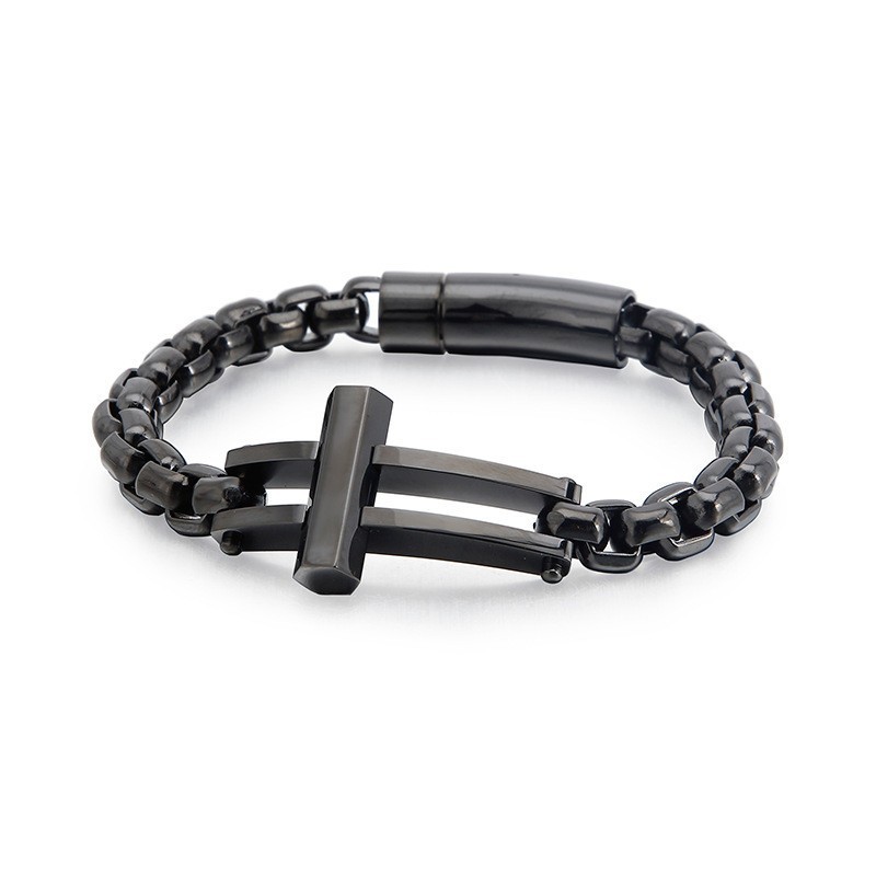 Krucifiks Firkantet Sort Titanium Kæde Armbånd