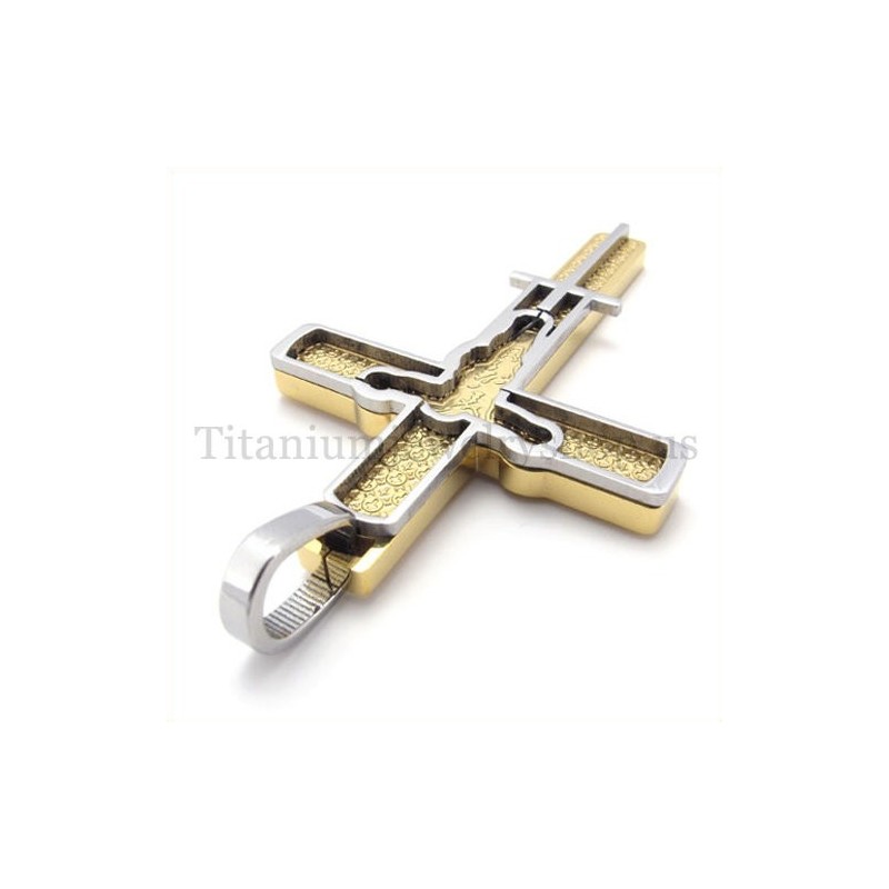 Titanium Korsvedhæng Med Udskåret Jesus-Mønster Og Guld Titanium Korsvedhæng Med Udskåret Jesus-Mønster Og Guld