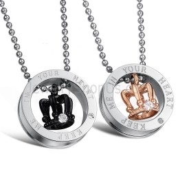 Titanium Rosaguld Og Sorte Kongekroner "Keep Me In Your Heart" Elskervedhæng Med Rhinsten Og Gratis Kæder C603