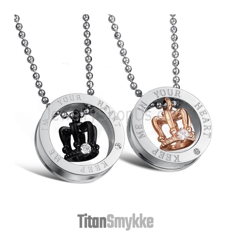 Titanium Rosaguld Og Sorte Kongekroner "Keep Me In Your Heart" Elskervedhæng Med Rhinsten Og Gratis Kæder C603