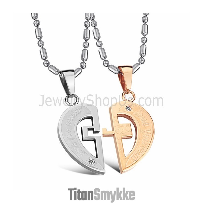 Titanium Rosaguld Og Sølv Kæreste Vedhæng Med Rhinsten Og Gratis Kæder C641