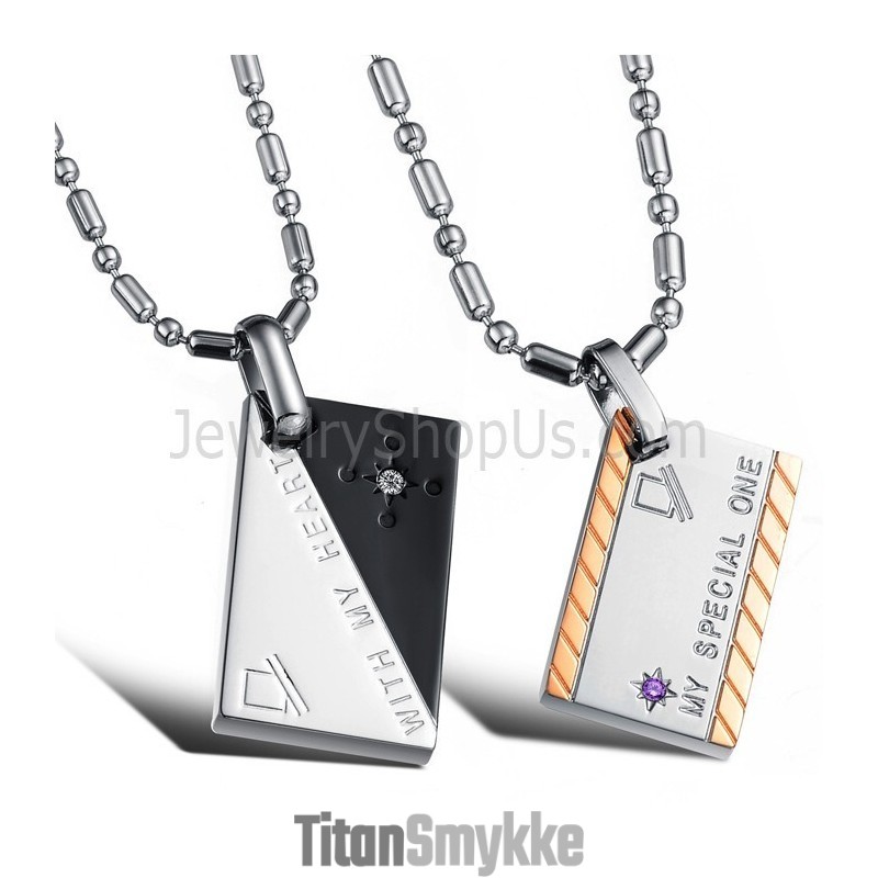 Titanium Rosaguld Bogstav Og Gratis Kæder Rektangulære Elskervedhæng Med Rhinsten Og Gratis Kæder C726