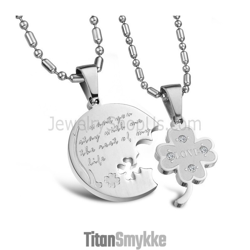 Titanium Sølv Kløver Elskere Vedhæng Med Rhinsten Og Gratis Kæder C599
