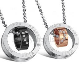 Titanium Rosaguld Og Sorte Ringe "Keep Me In Your Heart" Elskervedhæng Med Rhinsten Og Gratis Kæder C673