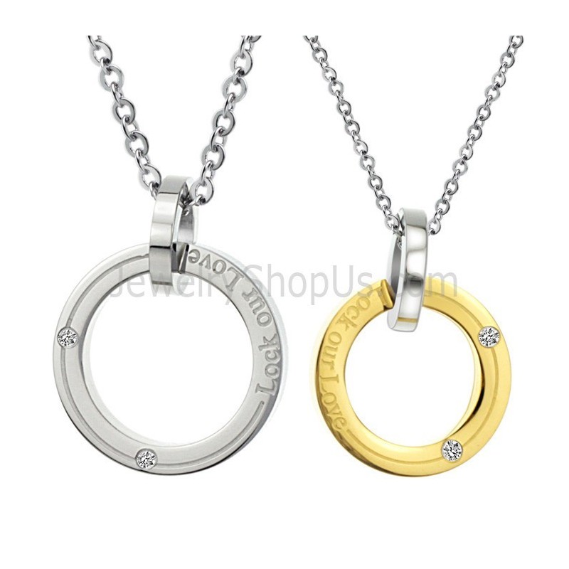 Titanium Sølv Og Guld Ringe "Lock Our Love" Elsker Vedhæng Med Diamanter Og Gratis Kæder C350