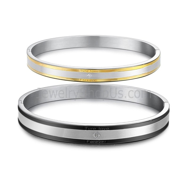 Tatanium Sorte Og Guld "True Love Forever" Pararmbånd Med Rhinsten C875