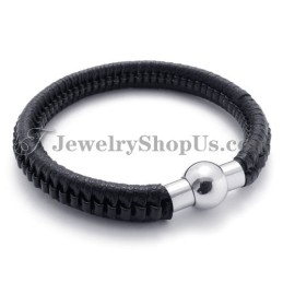 Elegant Sort Titanium- Og Læderarmbånd