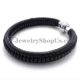 Elegant Sort Titanium- Og Læderarmbånd