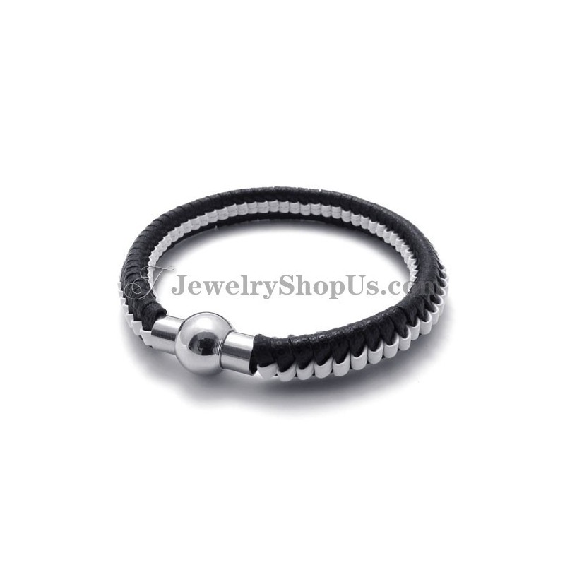 Elegant Sort Og Hvid Titanium Læderarmbånd