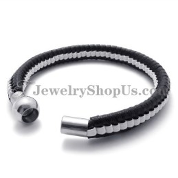 Elegant Sort Og Hvid Titanium Læderarmbånd