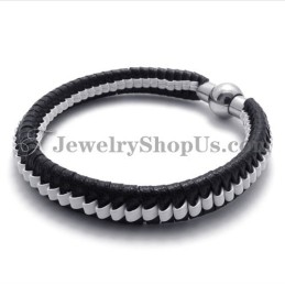 Elegant Sort Og Hvid Titanium Læderarmbånd