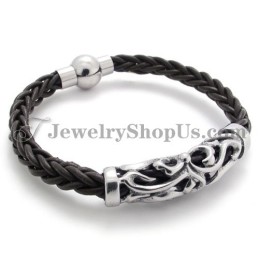 Elegant Sort Læderarmbånd I Titanium
