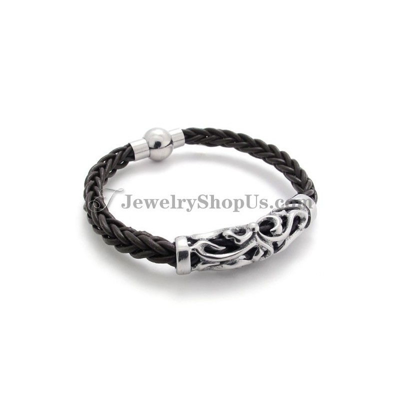 Elegant Sort Læderarmbånd I Titanium
