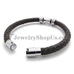 Elegant Brunt Læderarmbånd I Titanium